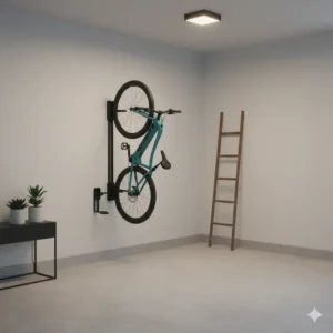 Vertical wall mount providing space-saving electric bike storage in a small apartment or garage.