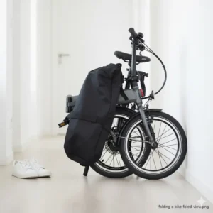 Close-up of the best folding electric bike for city commuting fully collapsed and stored compactly next to a wall.