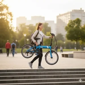 A rider effortlessly carrying a compact folding electric bike up stairs after a city commute.