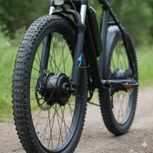 Close-up view of the dual motor electric bicycle's front and rear hub motors, highlighting the all-wheel-drive capability.