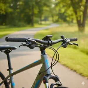 Close-up of the ergonomic handlebars and comfortable grips on the giant hybrid bike, designed for long rides.