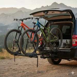 Heavy-duty hitch mount, fully loaded with three mountain bikes on a three bike car rack. 