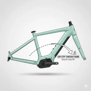 Close-up of a low-step frame, a crucial feature in best e bikes for seniors with balance issues.