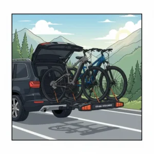 Close-up of a heavy-duty e bike hitch carrier mounted on the back of an SUV, ready for transport.