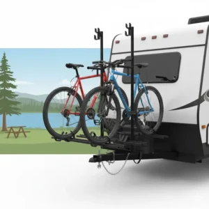 Heavy-duty travel trailer bike carrier that attaches to a standard 2-inch hitch receiver for hauling multiple bicycles.