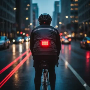 Rear view of a cycling bike helmet with light (highly visible red LED light), improving safety and awareness from behind for commuters. 