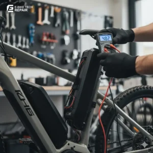 Close-up of a technician using a multimeter to perform electric bicycle repair, checking the voltage of an e-bike battery. 
