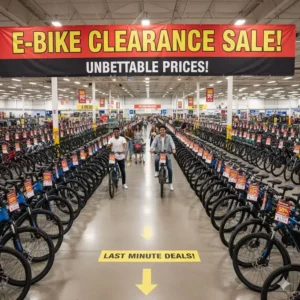 An array of different style discounted electric bikes—mountain, commuter, and folding—available during the end-of-season e bike clearance.