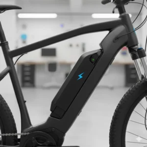 Long-range battery pack integrated into the frame of a dual motor electric bicycle.