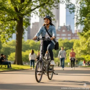 A smiling commuter riding the best folding electric bike for city commuting through an urban green space during rush hour.