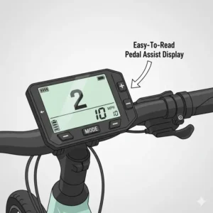 Easy-to-read pedal assist display on a reliable e bike for seniors, showing the power level, for best e bikes for seniors with balance issues.
