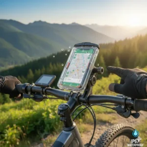 Image of a smartphone inserted into an e-bike phone holder, demonstrating a snug and stable fit.