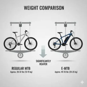 Diagram illustrating the weight difference between a regular mountain bike and a heavier electric mountain bike vs regular mountain bike model.
