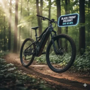 Rugged e-mountain bike (e-MTB) on a dirt trail with a digital badge showing a steep e bike Black Friday discount. 