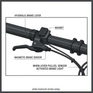 Close-up view of the brake light for electric bike sensor placement on an e-bike's hydraulic brake lever.