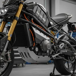 View of the large, high-power electric motor and battery pack needed for an electric bike 300.