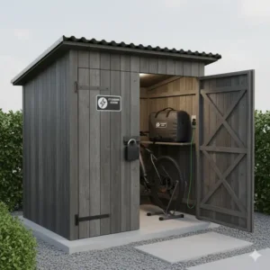 A small, lockable outdoor shed designed for secure, weather-resistant electric bike storage with charging access.