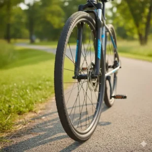 Durable, multi-surface tires and strong wheels of a giant hybrid bike, providing stability and grip on various terrains.
