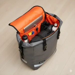 Large-capacity side bag for ebike open, featuring internal pockets and laptop sleeve for organized storage. 