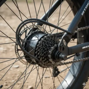 A clear shot of the rear hub motor assembly, a typical component on budget-friendly electric fat tire bikes under 1500, ensuring reliable power delivery.