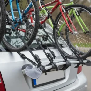 Close-up of the adjustable straps and cradles on a trunk mount three bike car rack. 