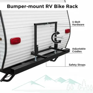 Illustration showing the installation of a square tube bumper mount bike rack on a travel trailer's rear bumper.