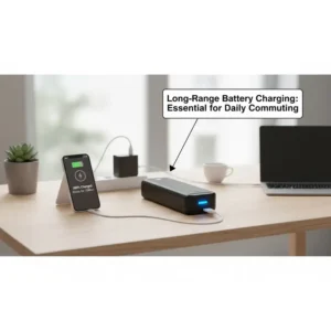 A detachable, long-range ebike battery being charged on a desk, highlighting one of the essential features for daily commuting.