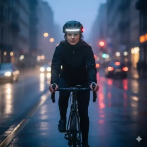 An urban cyclist wearing a stylish bike helmet with light, navigating city streets during dusk, emphasizing enhanced safety. 