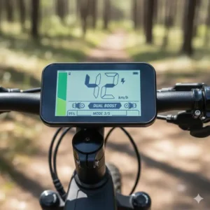 Digital display panel showing speed, battery level, and power mode selection on a dual motor electric bicycle.