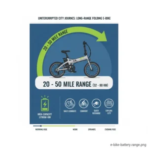 An infographic showing the long-distance battery range of the best folding electric bike for city commuting model.