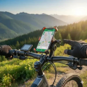 Close-up illustration detailing the robust mounting mechanism of an e-bike phone holder.