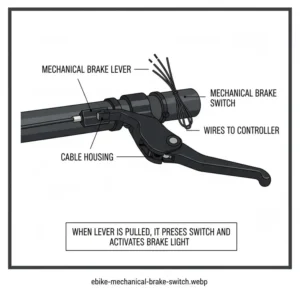 Detail of the mechanical switch that activates the brake light for electric bike with cable-actuated brakes.