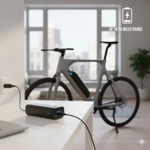 A removable, integrated battery pack being charged next to a sleek frame, illustrating the range of a budget electric bike.