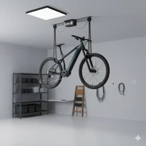 Ceiling hoist system being used to lift an electric bike for overhead electric bike storage, maximizing floor space.