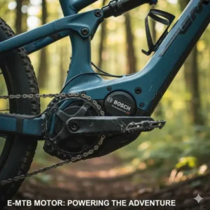 Close-up view of the integrated mid-drive motor on an electric mountain bike vs regular mountain bike to show tech.