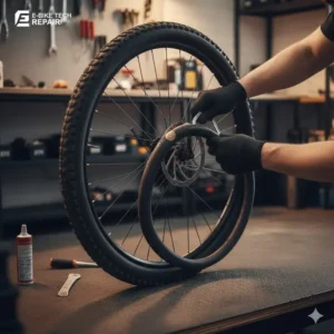 Step-by-step image showing common electric bicycle repair: patching or replacing a flat tire tube. 