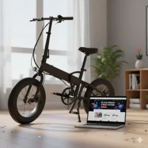 Compact folding e bike next to a laptop screen displaying the top e bike Black Friday offers for small-space living. 