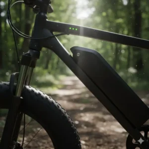 The streamlined, integrated battery pack within the down-tube of one of the quality electric fat tire bikes under 1500, indicating good range.