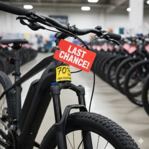 Close-up shot of a rugged mountain e bike with a "last chance" tag, representing a deep e bike clearance deal.