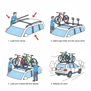 Step-by-step instructions showing the installation of a roof-mounted three bike car rack. 