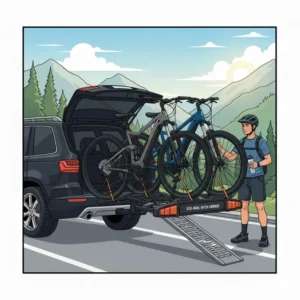 Detail shot highlighting the integrated lock and secure wheel straps of an e bike hitch carrier for anti-theft protection.