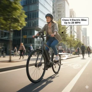 Cyclist on a Class 3 electric bike moving fast on an urban bike lane, demonstrating a speed of up to 28 mph.