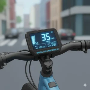 Digital LCD display showing speed and battery level on a 750w ebike.