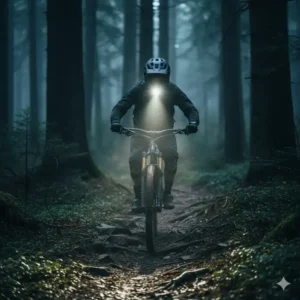 A mountain biker on a trail wearing a durable bike helmet with light (powerful light), essential for off-road visibility in low light. 