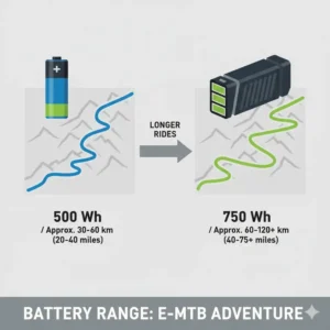 Infographic comparing the typical range achievable on a fully charged electric mountain bike vs regular mountain bike battery.