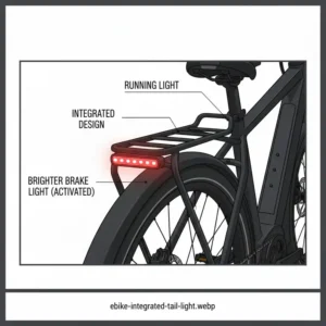 Example of an integrated e-bike tail light that functions as a continuous running light and brightens as a brake light for electric bike.
