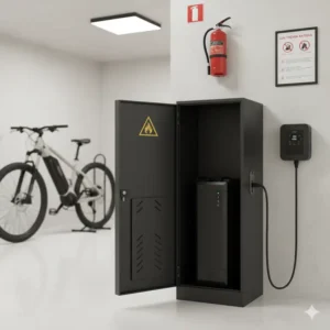A dedicated fire-resistant container for safely storing or charging an electric bike's lithium-ion battery, focusing on electric bike storage safety.