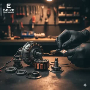 An exploded view of an e-bike hub motor to illustrate internal components often serviced during electric bicycle repair. 