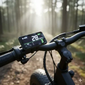 Digital LCD display and handlebar controls used to manage pedal assist levels and monitor speed on a budget-friendly model from electric fat tire bikes under 1500.