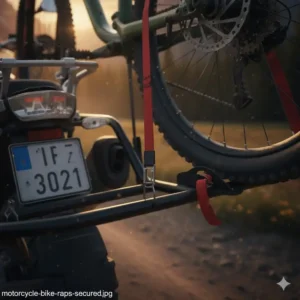 The bike rack for motorcycle folded up when not in use, showing its compact storage capability.